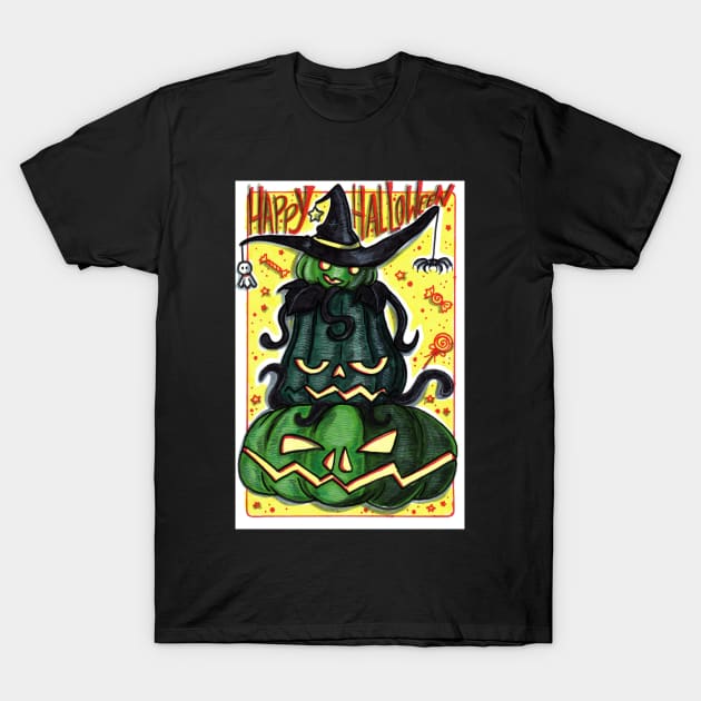 Happy Halloween Stack of Green Pumpkins T-Shirt by saradaboru